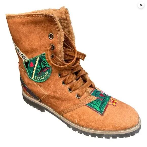 Prima Shoes - I Love Ecology Sherpa Lined Tan Brown Green Patches Combat Lace Up Boots sz 7.5